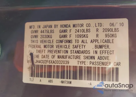 2010 Acura Tsx 2.4 from USA, damaged, VIN JH4CU2F6XAC032039